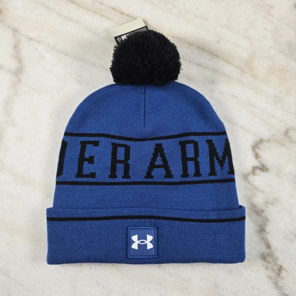 Under Armour Cuffed Fold Beanie Logo Winter Pom Athletic Royal Blue Men Gorpcore